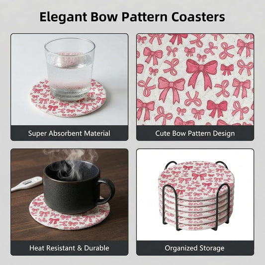 Absorbent Coasters for Drinks, Scratch-Resistant Woven Cotton Coaster Set of 6 with Holder, Pink Bow Coquette Aesthetic Decor for Coffee Table & Office Desk, Cute Kawaii Preppy Room Decor