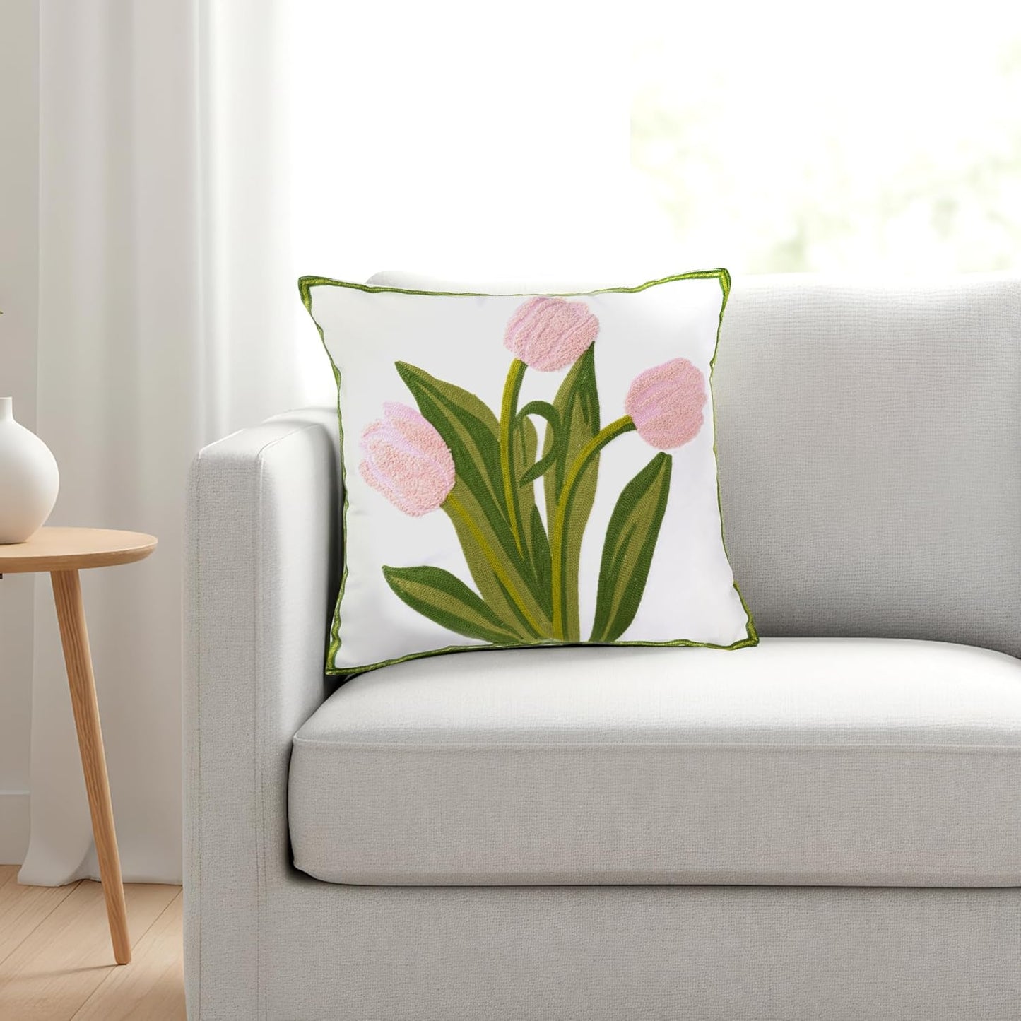 Embroidered Boho Floral Pillow Covers 18x18 Inch Linen Spring Decorative Throw Pillow Cases for Living Room Couch Sofa Bed Home Decor (Pink)