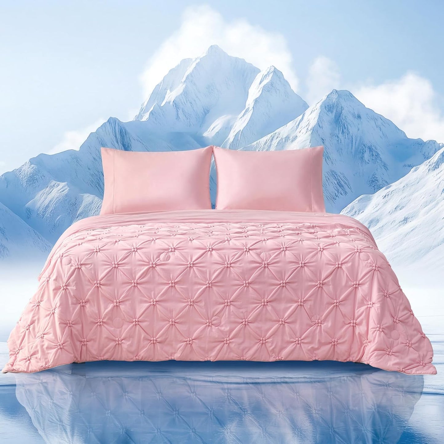 Amélie Home Elegant Pintuck Cooling Comforter, King Size, Cooling Blanket for Hot Sleepers, Lightweight Summer Bedding with Q-Max 0.45 Cooling Fabric, Breathable Cold Blanket, 106x90 Inches, Pink