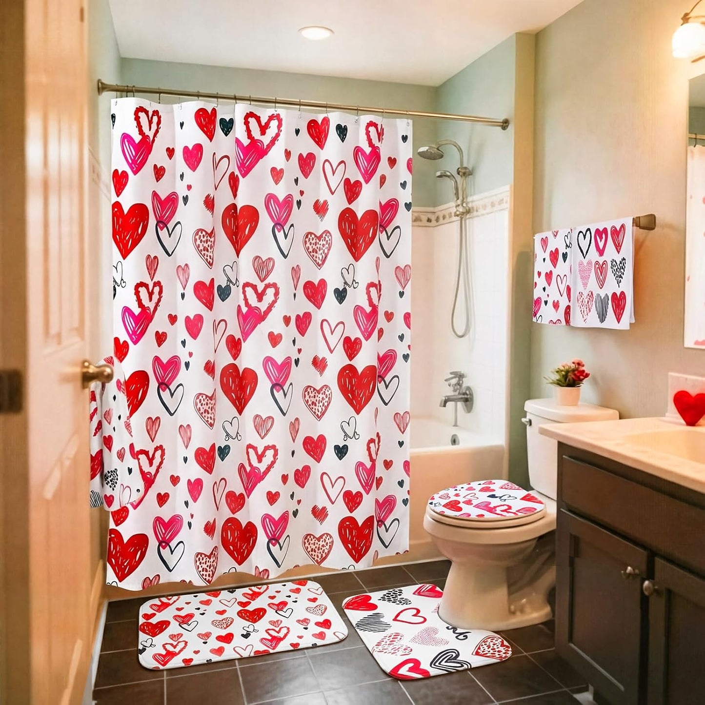 Gilprop 6 Pcs Valentine's Day Shower Curtain Set Valentines Bathroom Decor with Toilet Lid Cover, U-shaped Mat, Bath Mat, 2 Towels, Red and Pink Valentines Shower Curtains with 12 Hooks for Home Decor