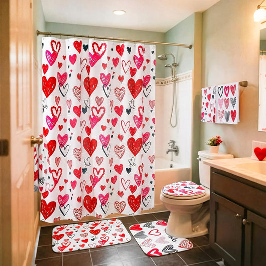 Gilprop 6 Pcs Valentine's Day Shower Curtain Set Valentines Bathroom Decor with Toilet Lid Cover, U-shaped Mat, Bath Mat, 2 Towels, Red and Pink Valentines Shower Curtains with 12 Hooks for Home Decor