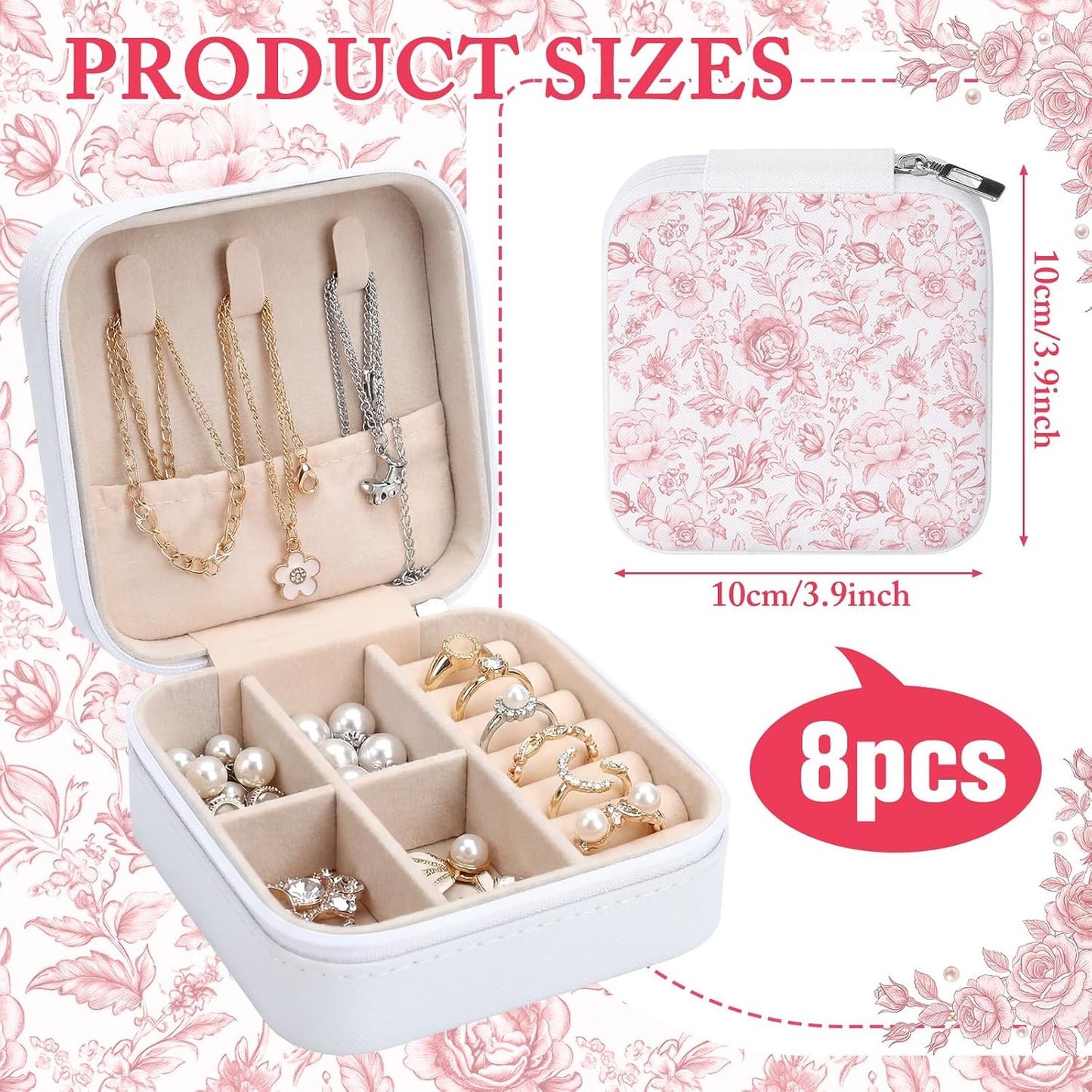 Novabright 8 Pcs Pink and White Floral Travel Jewelry Case Bulk Small Bridesmaid Jewelry Organizers and Storage Box Gifts Little Accessories Holder Tiny Wedding Bridal Party Favors for Women