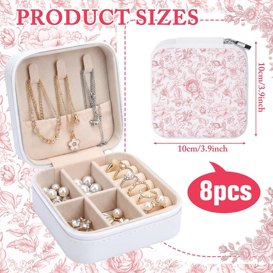 Novabright 8 Pcs Pink and White Floral Travel Jewelry Case Bulk Small Bridesmaid Jewelry Organizers and Storage Box Gifts Little Accessories Holder Tiny Wedding Bridal Party Favors for Women