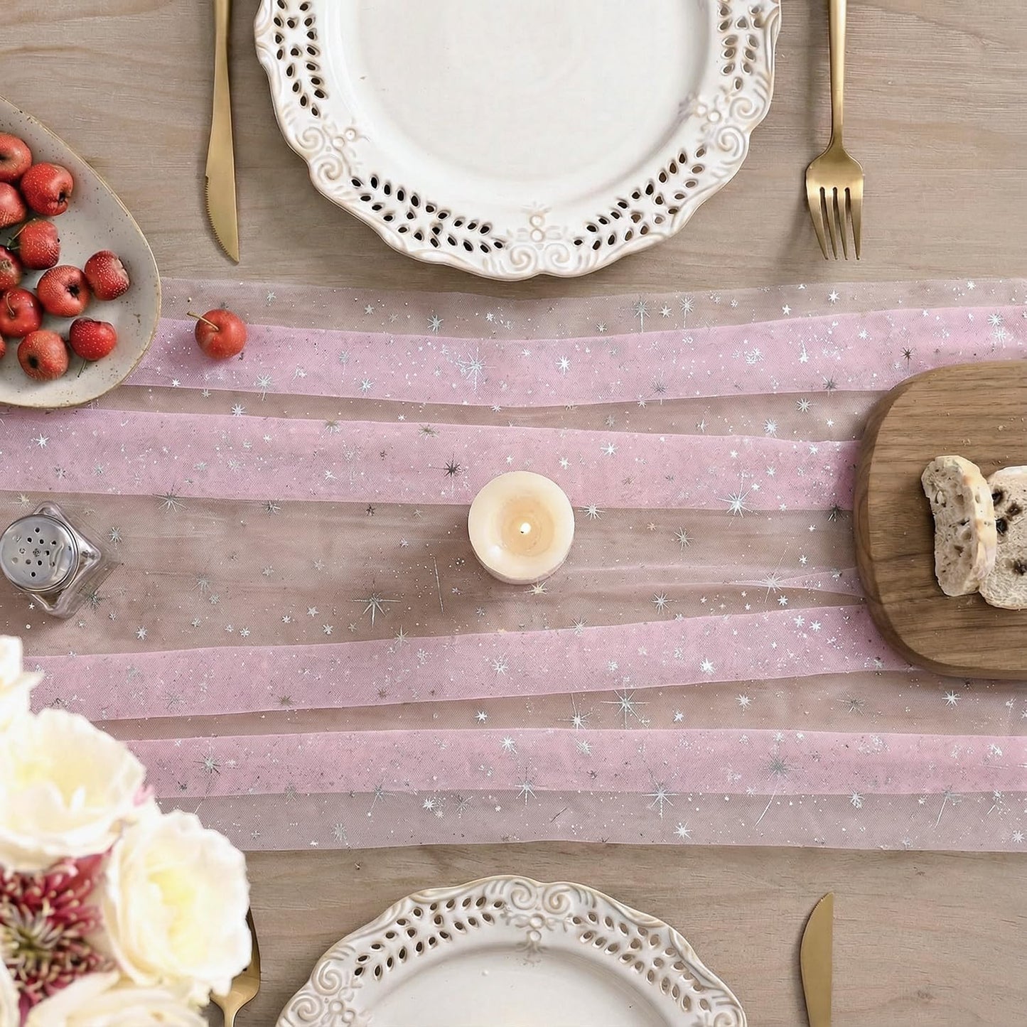 Artoid Mode Silver Stars Pink Gauze Table Runner 120 Inch 10FT, Reversible Glitter Sheer Dining Wedding Holiday Birthday Table Decor for Home Party