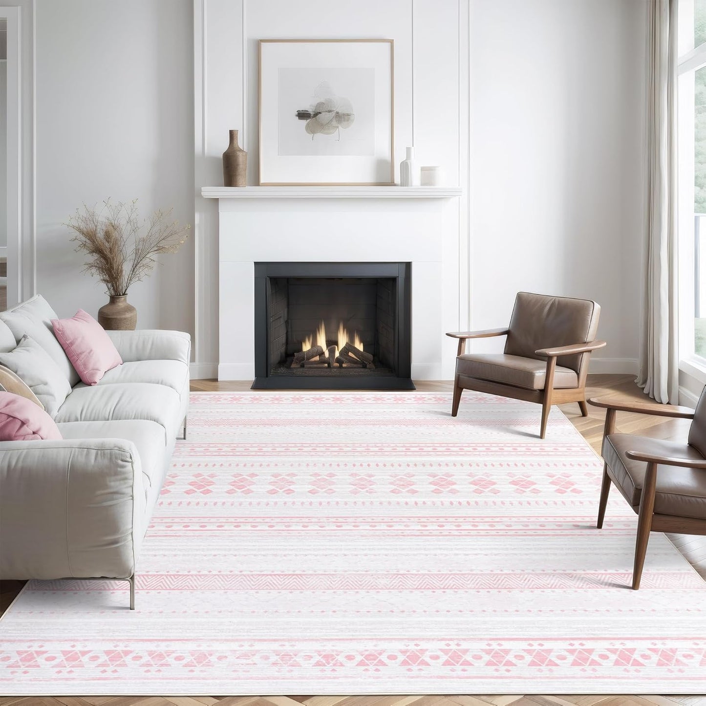 6x9 Washable Area Rug, Boho Moroccan Farmhouse Neutral Low Pile Carpet, Soft Non-Slip Rugs for Living Room Bedroom Dining Room Nursery Dorm Home Decor, Pink & White