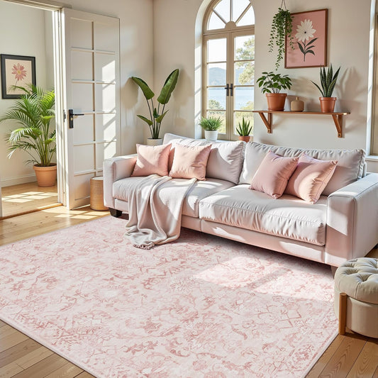 Pink Area Rugs 5x7 Rugs for Living Room, Machine Washable Rugs for Bedroom, Distressed Vintage Living Room Rug, Rug Non Slip Carpet Area Rug for Dining Room Office