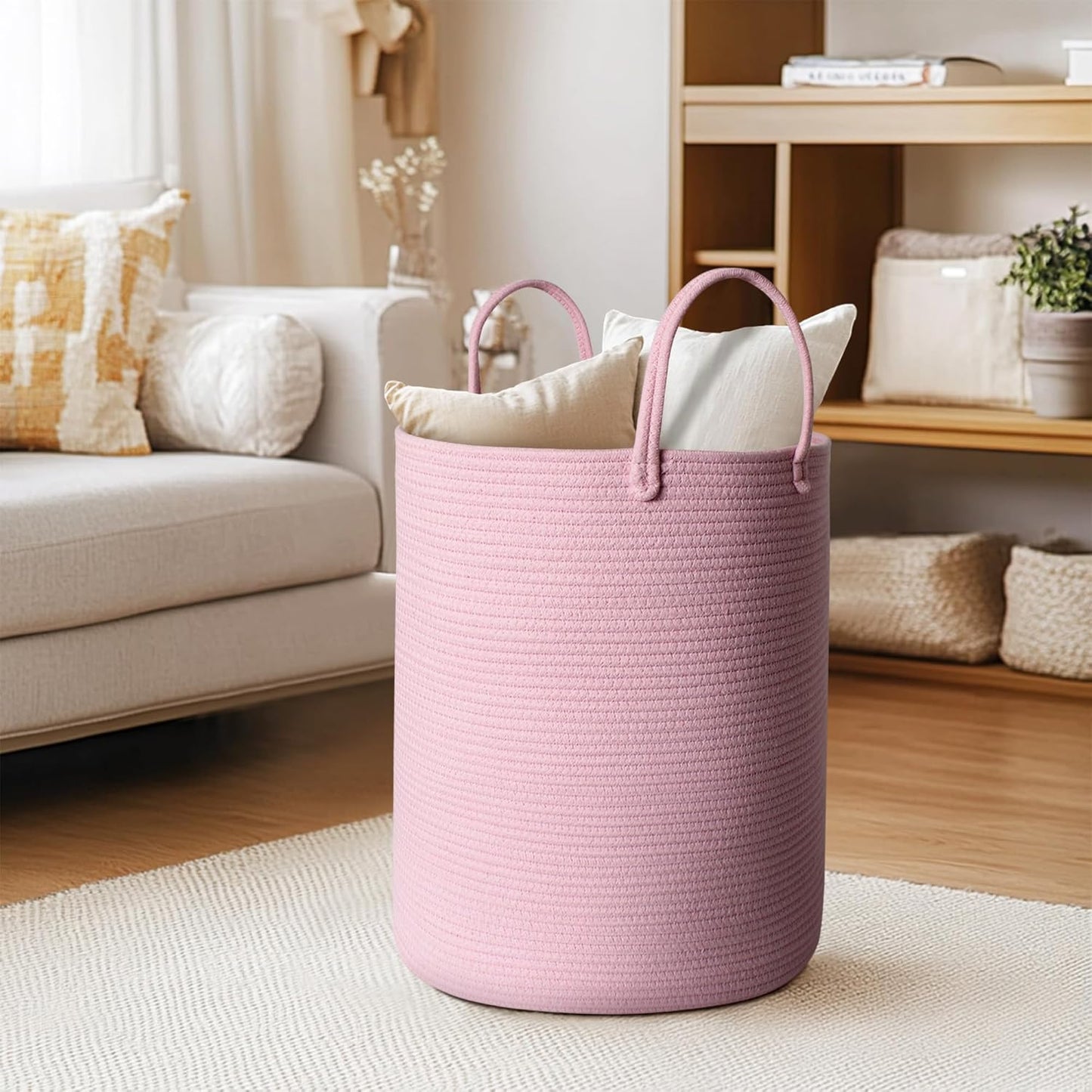 MEGASKET Large Pink Laundry Basket, 15"x18" Tall Blanket Storage for Living Room, Woven Cotton Rope Laundry Hamper for Girls Baby, Pink Room Decor Aesthetic, Decorative Clothes Hamper for Towels Toys