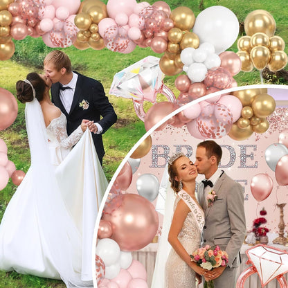 121 Pcs Bachelorette Party Decorations Kit Rose Gold Bridal Shower Balloons Decor Bride to Be Backdrop, Sash, Veil, Crown, Diamond Ring Foil Balloons, Photo Booth Props Supplies