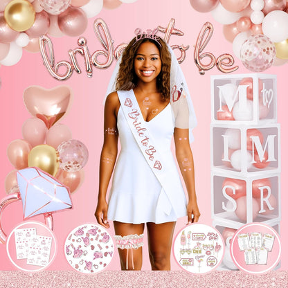 189 Pc Rose Gold Bridal Shower Decorations Kit – Bachelorette Party Set | Oxford-cloth backdrop, balloon arch, Bride-to-Be sash/veil/tiara, 12 photo props, foil balloons + printable games