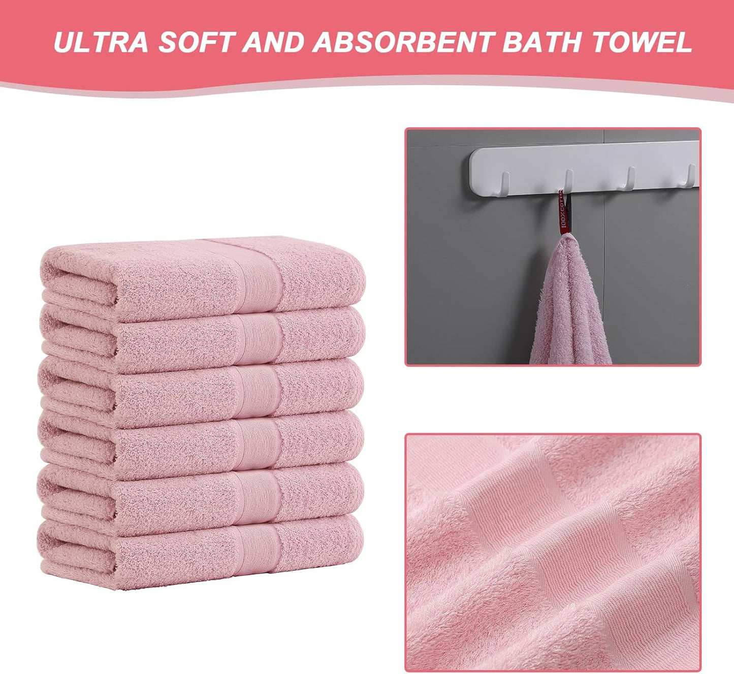 Aibaser Bath Towels, 27x54inch - Natural, Ultra Absorbent Towels for Bathroom, Travel, Gym, Shower and Spa (6 Piece Set) (Pink)