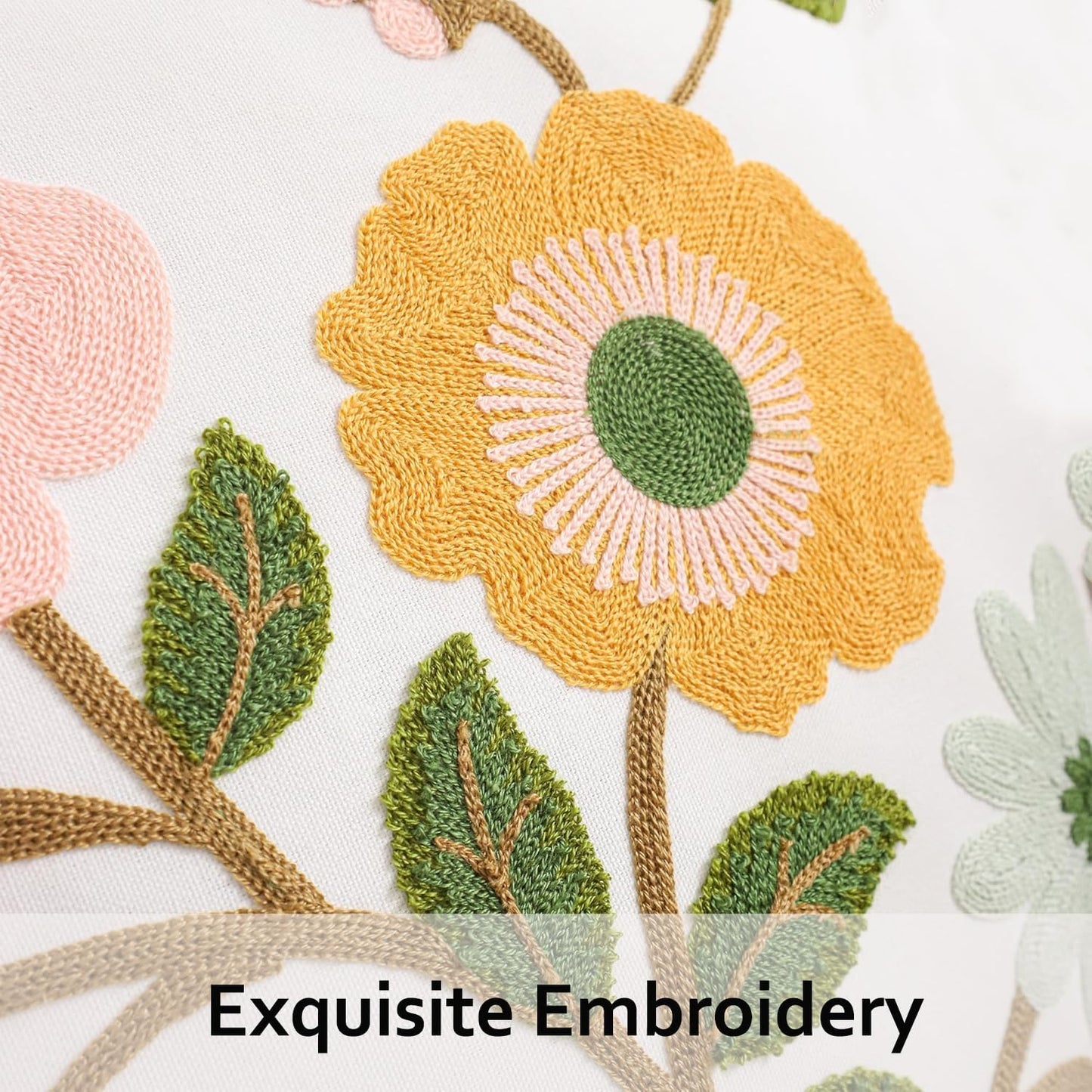 Floral Throw Pillow Covers 18x18 Pack of 2 Pink and Yellow Flower Embroidered Pillow Cover with Green Leaves Farmhouse Pillow Cushion Case Decorative Farm Pillowcases for Summer Fall Autumn