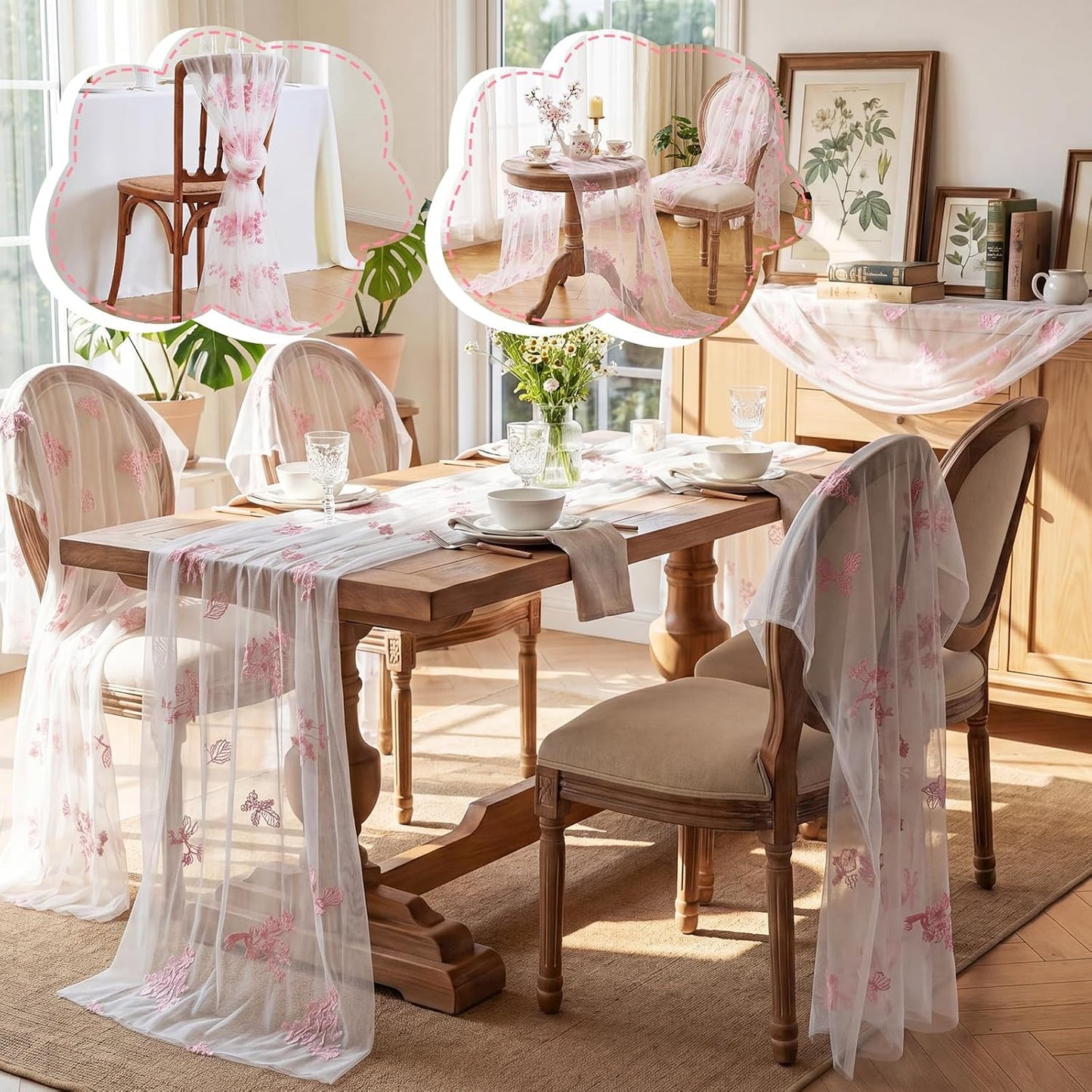 Tranqun 3 Pcs Pink and White Table Runner Floral Embroidered Table Runner Tulle 30 x 120 Inches Flower Sheer Tablecover Chinoiserie Decor Seasonal for Kitchen Dining Party Wedding