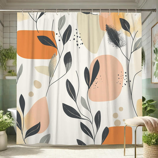 Abstract Shower Curtain, Modern Soft Peach Beige Leaf Bath Curtain for Bathroom Decor, Spring Summer Funky Minimalistic Waterproof Fabric Shower Curtain Set with Hooks 62x72 Inch
