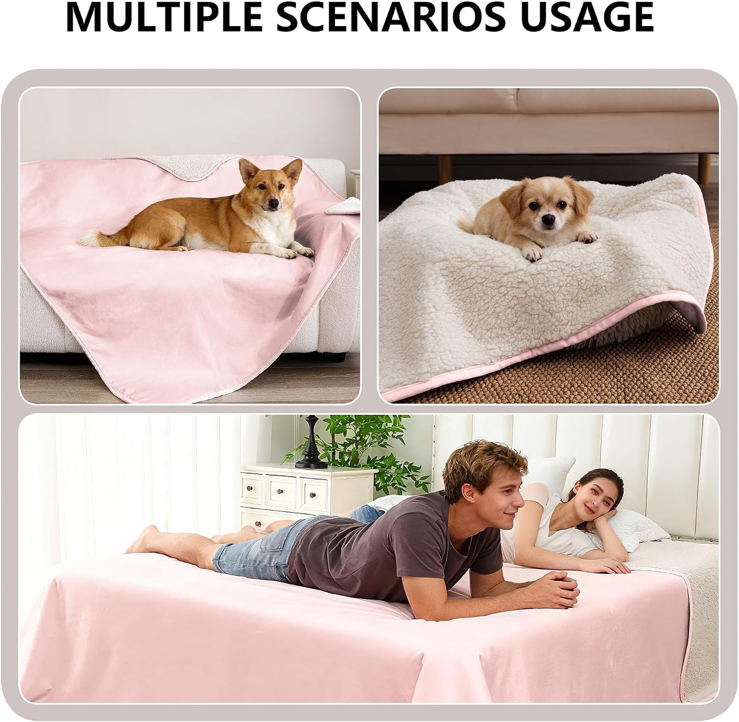 Waterproof Blanket for Couch, Leak Proof Dog Bed Sherpa Throw Blankets Reversible Pet Sofa Furniture Protector Machine Washable-50 x60,Pink
