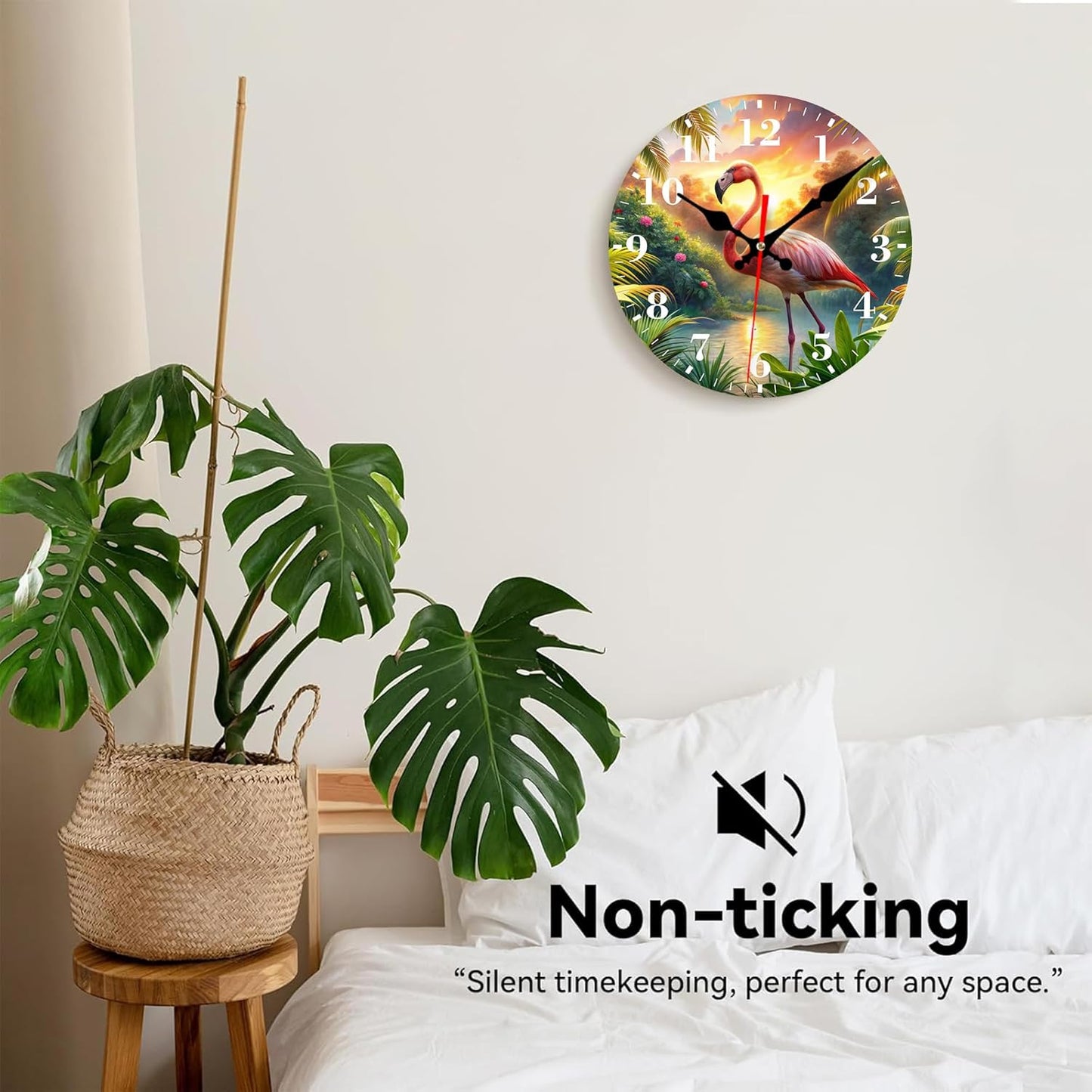 Wall Clock, Summer Pink Flamingo Silent Non Ticking Battery Operated Round Decorative Indoor Outdoor Clocks for Living Room Kitchen Bedroom Bathroom Patio 12"