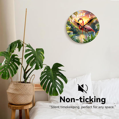 Wall Clock, Summer Pink Flamingo Silent Non Ticking Battery Operated Round Decorative Indoor Outdoor Clocks for Living Room Kitchen Bedroom Bathroom Patio 12"