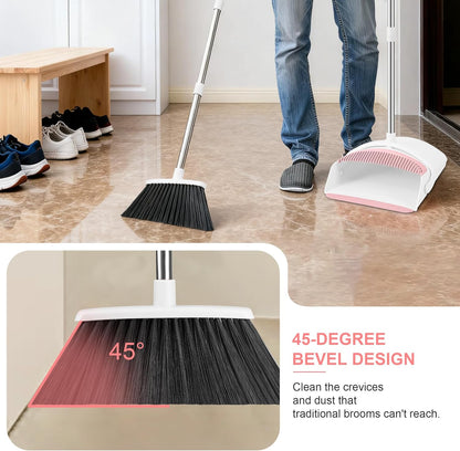 Broom with Dustpan Combo Set for Home, 52-in Long Handle Adjustable Broom and Dustpan Set with Dustpan Teeth for Sweeping Pet Hair Food Dirt Kitchen (Pink)