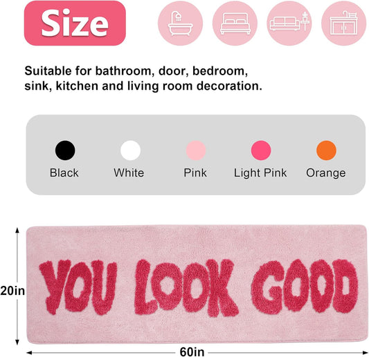 You Look Good Bathroom Rug, Hot Pink, 20''x60'' Soft Plush, Super Water Absorbent, Non-Slip Backing, Easy Cleaning, Vibrant Decor