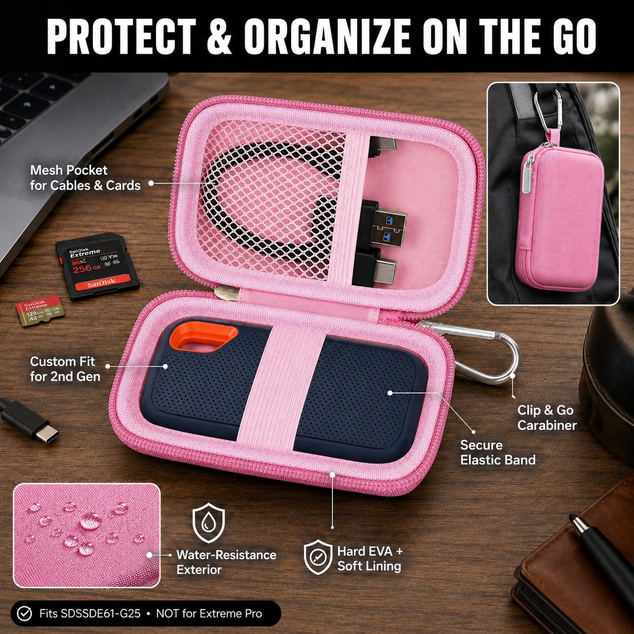 GWCASE Hard Case for SanDisk Extreme Portable SSD 1TB 2TB 4TB 8TB 500GB, External for Solid State Drive Travel Carrying Holder with Mesh Pocket for USB Cables & SD Cards (Bag Only)-Pink