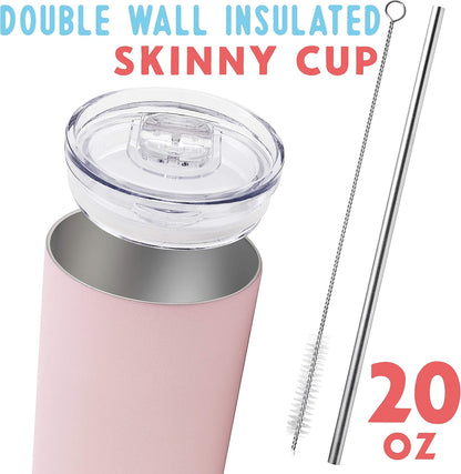 Personalized Tumblers for Women, 20 Oz. w Straw & Cleaner Brush | 8 Color - 12 Font - Light Pink | Custom Tumblers for Her, Mom - Personalized Gifts - Stainless Steel Custom Cups