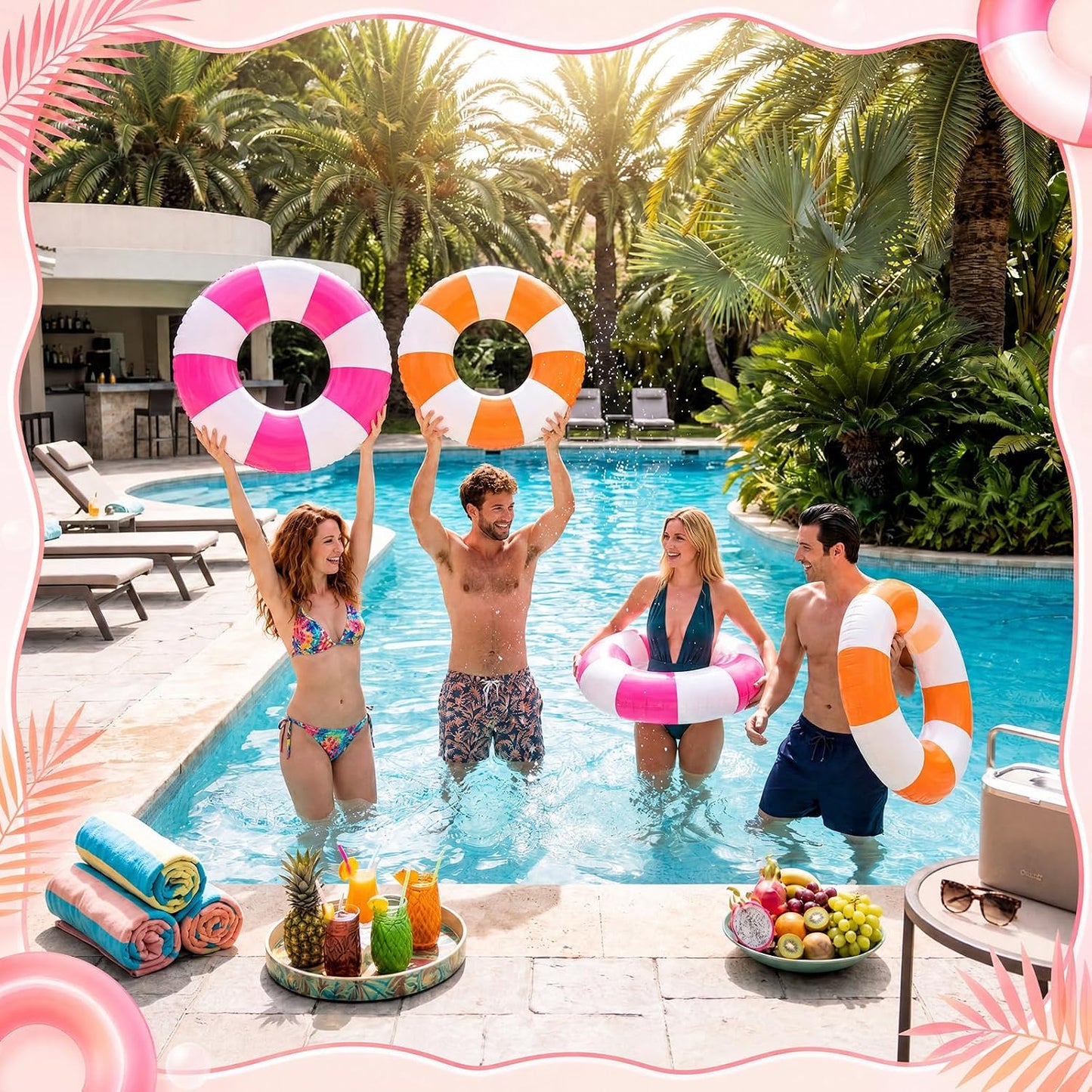 8 Pcs Pink and Orange Inflatable Pool Float 35.43 Inch Pool Water Ring Cocktail Loungers Tube Swimming for Tequila Sunset,Bachelorette, Wedding, Summer Beach Party