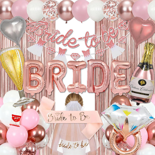 Pink Bachelorette Party Decorations, Rose Gold Bridal Shower Decorations, Bride to Be Banner, 32 inches BRIDE Balloons, Bridal Sash Veil, Fringe Curtains for Engagement Wedding Party Supplies
