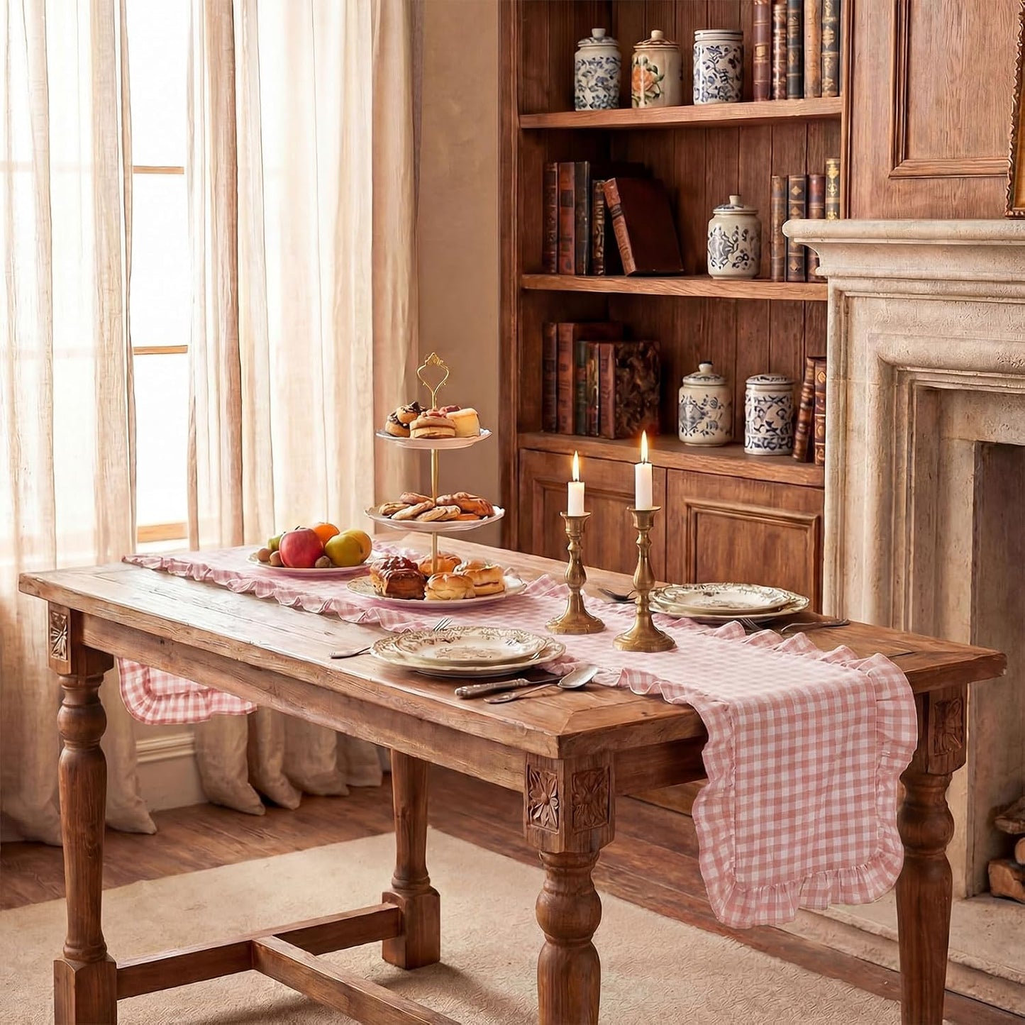 HunnmingRe 1 Pcs Light Pink Plaid Gingham Ruffle Table Runner 72 x 13.8'' Farmhouse Table Runner 100% Cotton Scalloped Long Dresser Scarves for Mothers Day, Dining Room, Wedding, Rustic Home Decor