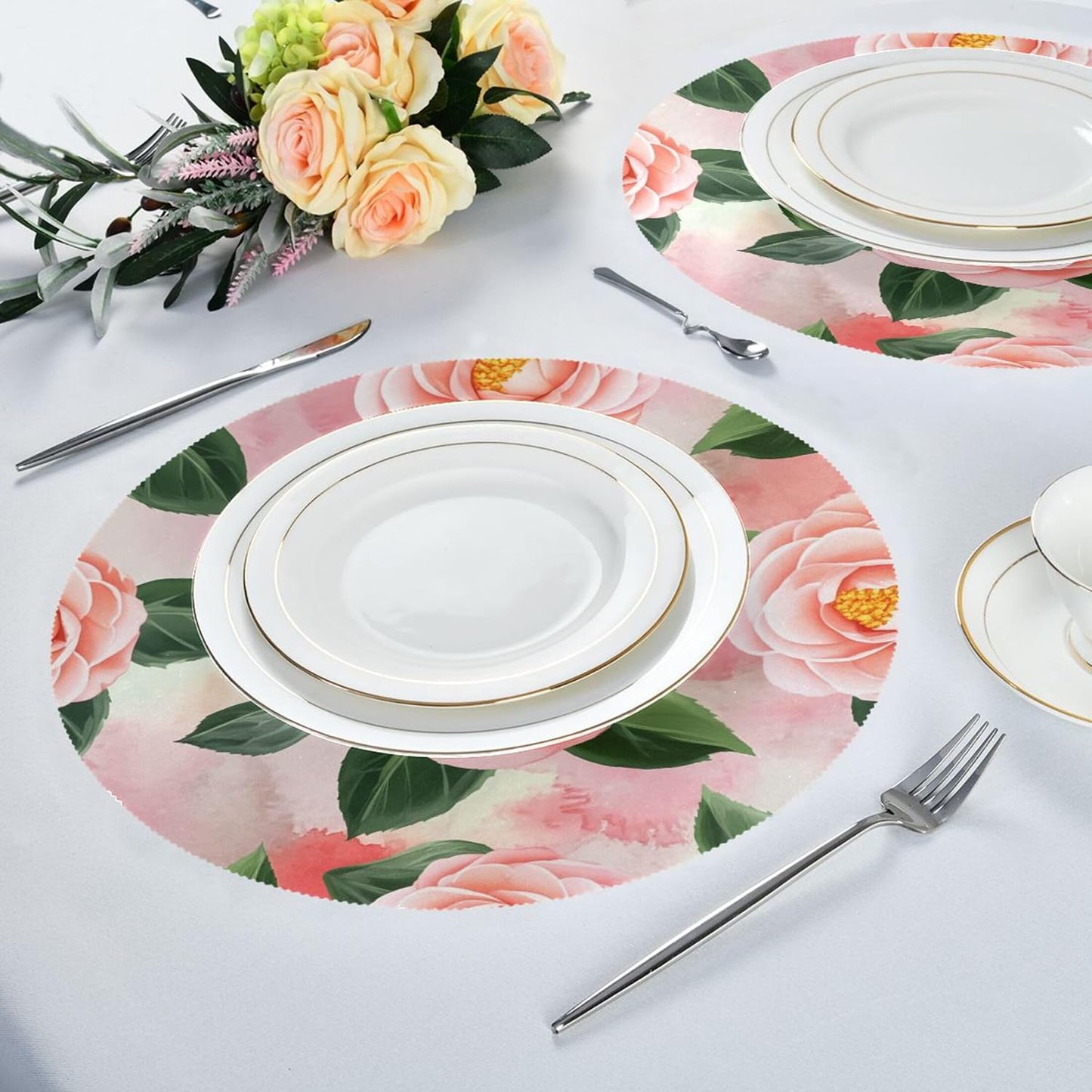 Round Placemats Set of 6 Peach-Pink Camellia Washable Non-Slip Heat Resistant Place Mats, 15.4” Dining Table Place Mats for Kitchen Holiday Party Decoration