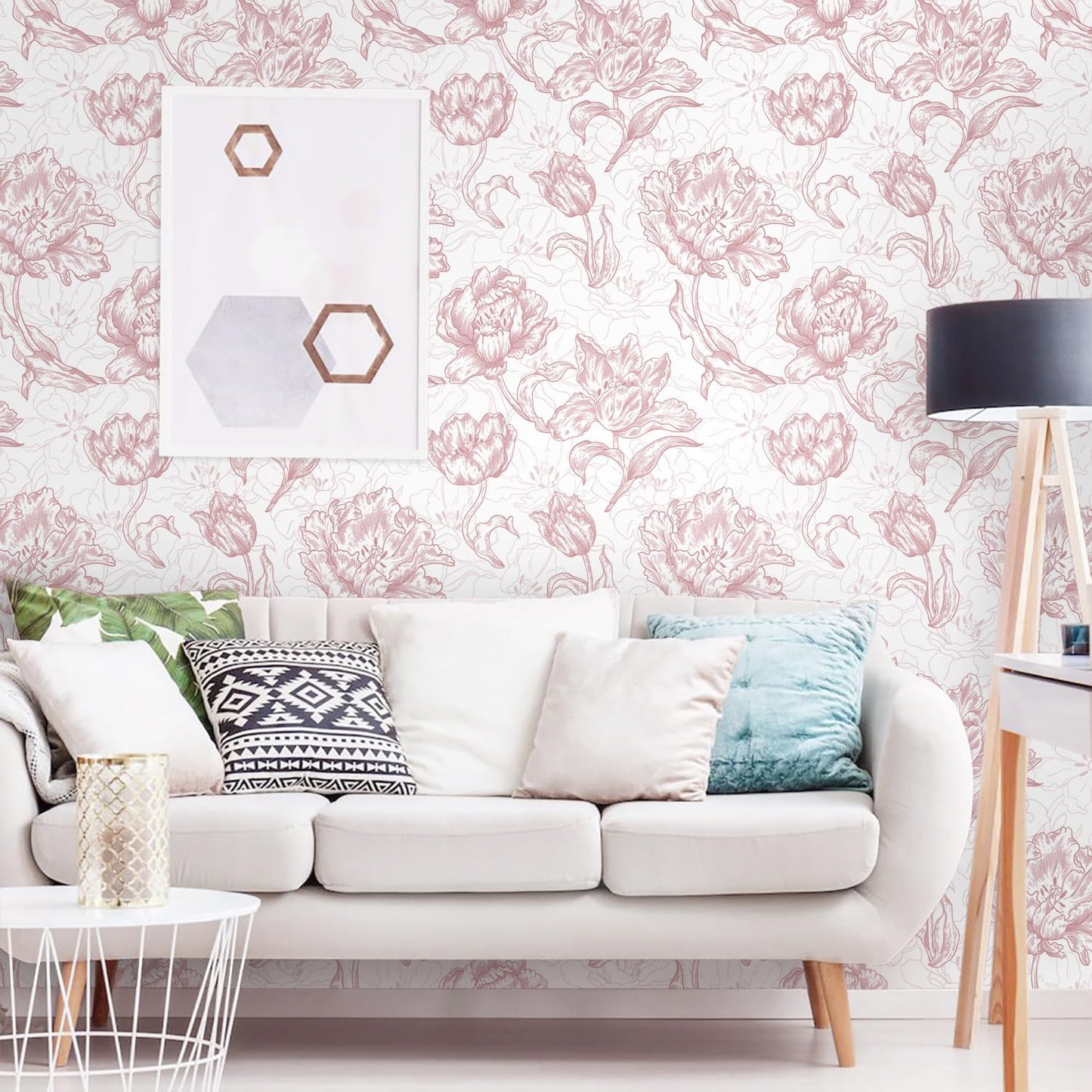 Timeet 17.7In ×197In Pink Peel and Stick Wallpaper, Floral Peel and Stick Wallpaper Boho Contact Paper Removable Self Adhesive Bedroom Cabinet Mural Wall Decor Vinyl Roll