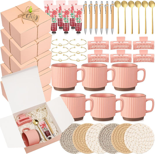 Reallnaive 61 Pcs Baby Shower Prizes for Game Winners Include Ceramic Mug Coaster Hand Cream Pen Spoon Bracelet Hair Clip Card Gift Box with Raffia for Guests Gender Reveal Bridal Shower Party(Pink)