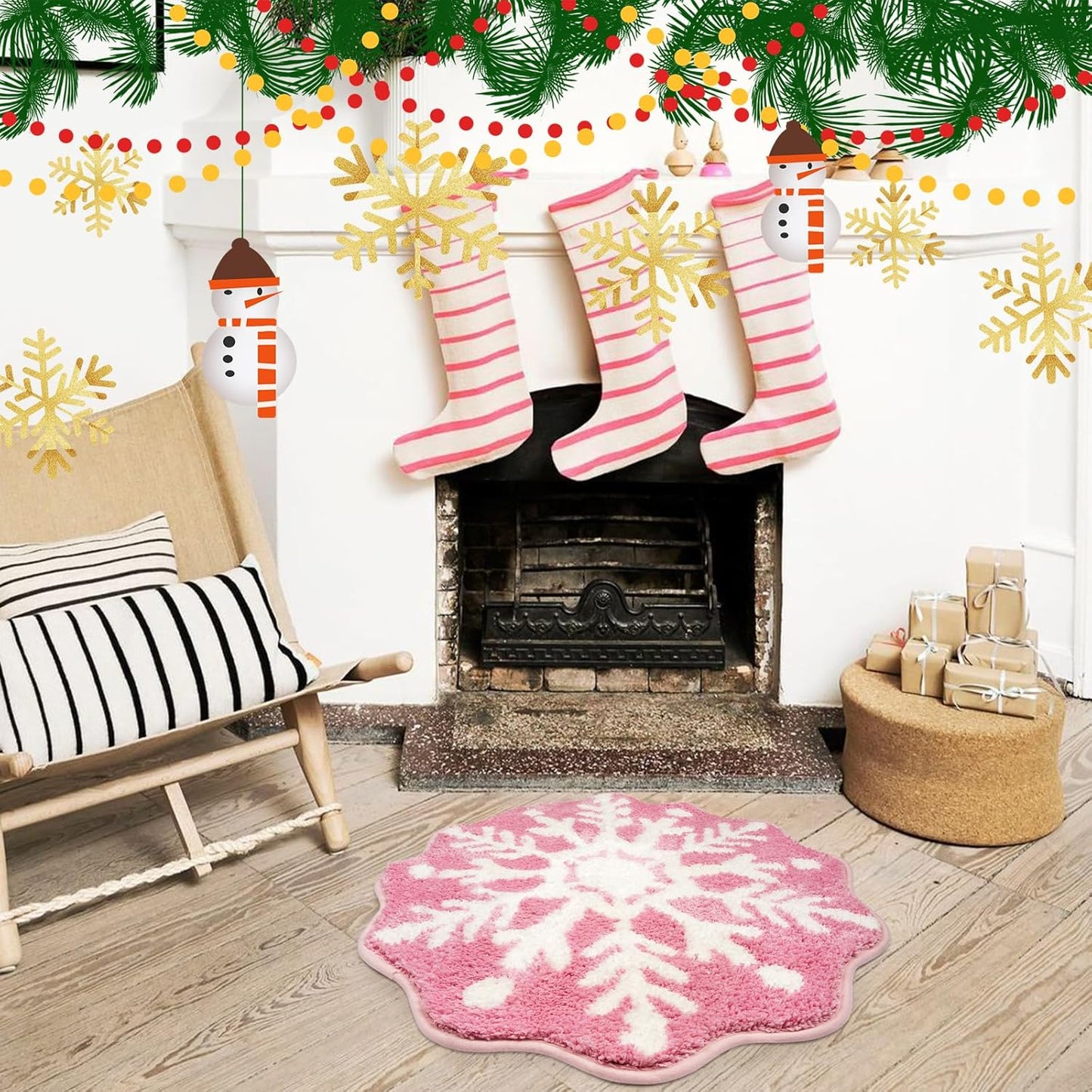 Christmas Bath Rugs for Bathroom - Pink Snowflake Shape Bathroom Rug,Soft and Absorbent Bath Mats,Non-Slip Rug for Shower Bath and Bedroom,Christmas Decoration Gifts(26in x 26in)
