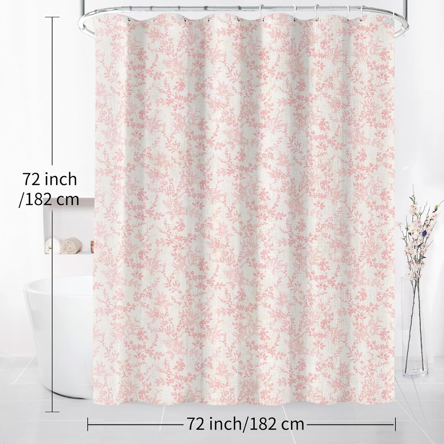 Pink Cotton Waterproof Shower Curtain, Farmhouse Elegance Floral Shower Curtains for Bathroom Decor, Chic Fabric Cloth Flower Leaves Shower Curtain 72" W x 72" L