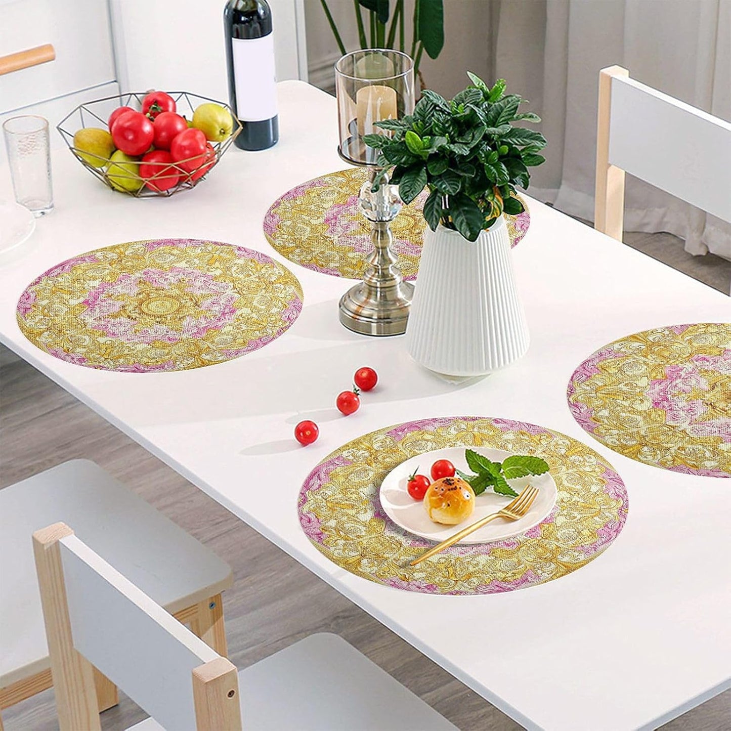 Retro Floral Pattern Gold and Peach placemats for Dining Table Round Reusable Place mats Washable Cloth placemats platemats placemats Heat Resistant Waterproof Vinyl placemats Set of 6