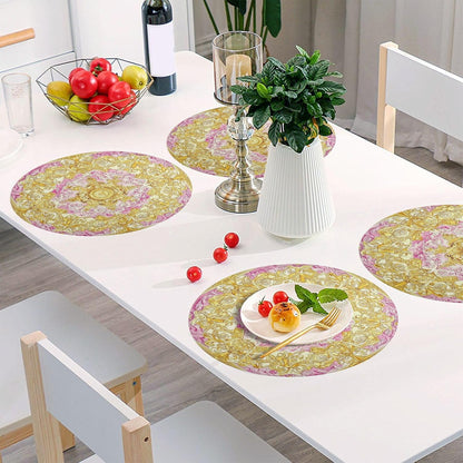 Retro Floral Pattern Gold and Peach placemats for Dining Table Round Reusable Place mats Washable Cloth placemats platemats placemats Heat Resistant Waterproof Vinyl placemats Set of 6