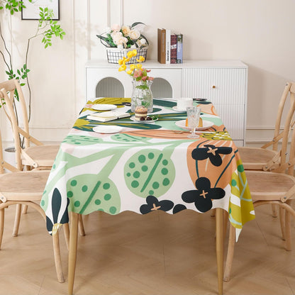 Tyrot Scalloped Boho Floral Rectangle Table Cloth Farmhouse Waterproof Stain Resistant Tablecloth Mid Century Botanical Indoor Outdoor Table Covers for Kitchen Dining/Party, 60x84, Green Pink