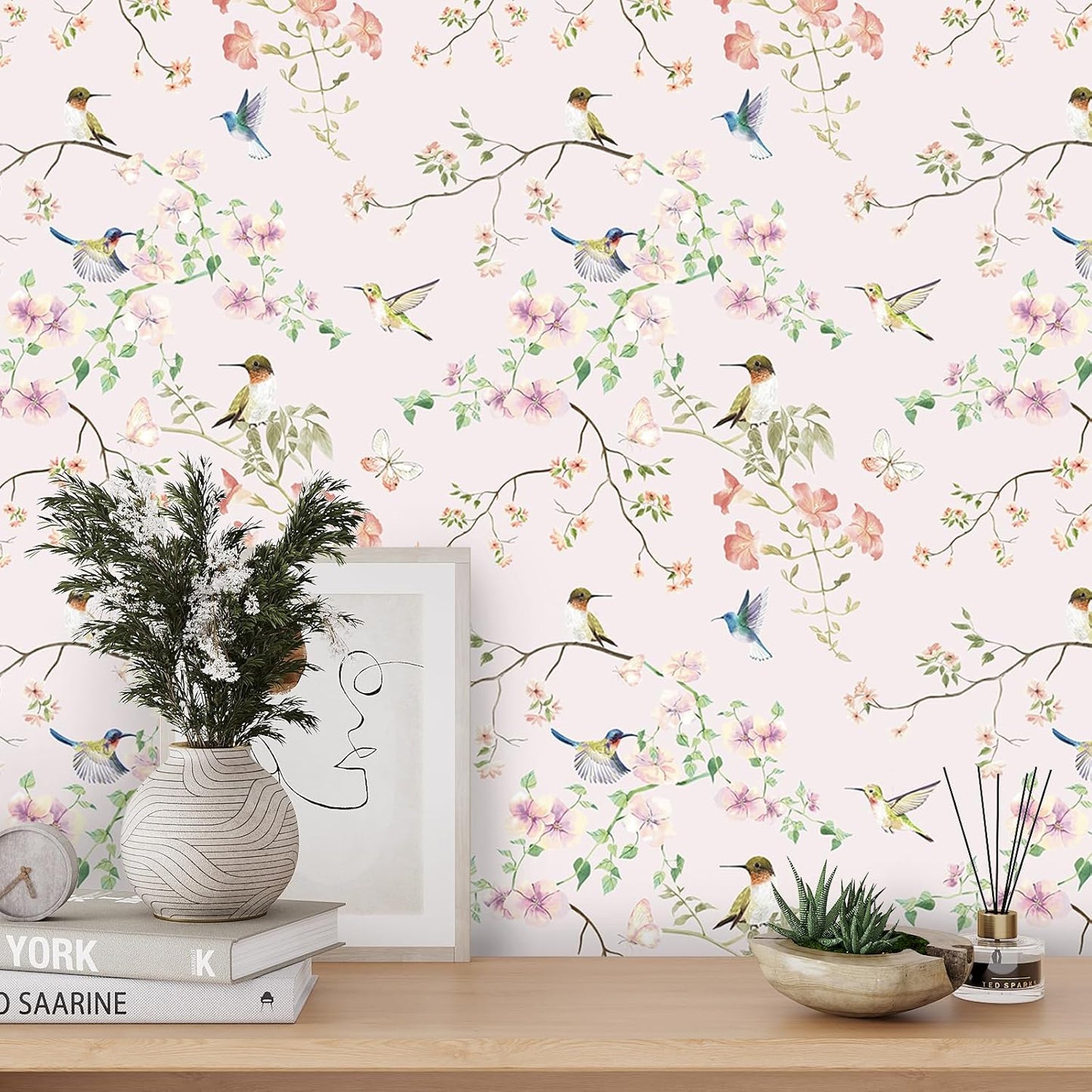 VaryPaper 17.7"x78.7" Rustic Hummingbird Floral Wallpaper Peel and Stick Decorative Purple/Pink Floral Contact Paper for Cabinets Drawers Removable Self Adhesive Mural Wallpaper for Bedroom Nursery