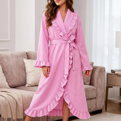 Womens Cotton Gingham Robe Long Sleeve Ruffle Trim Robe Plaid Bathrobe Lightweight Plaid Loungewear Sleepwear