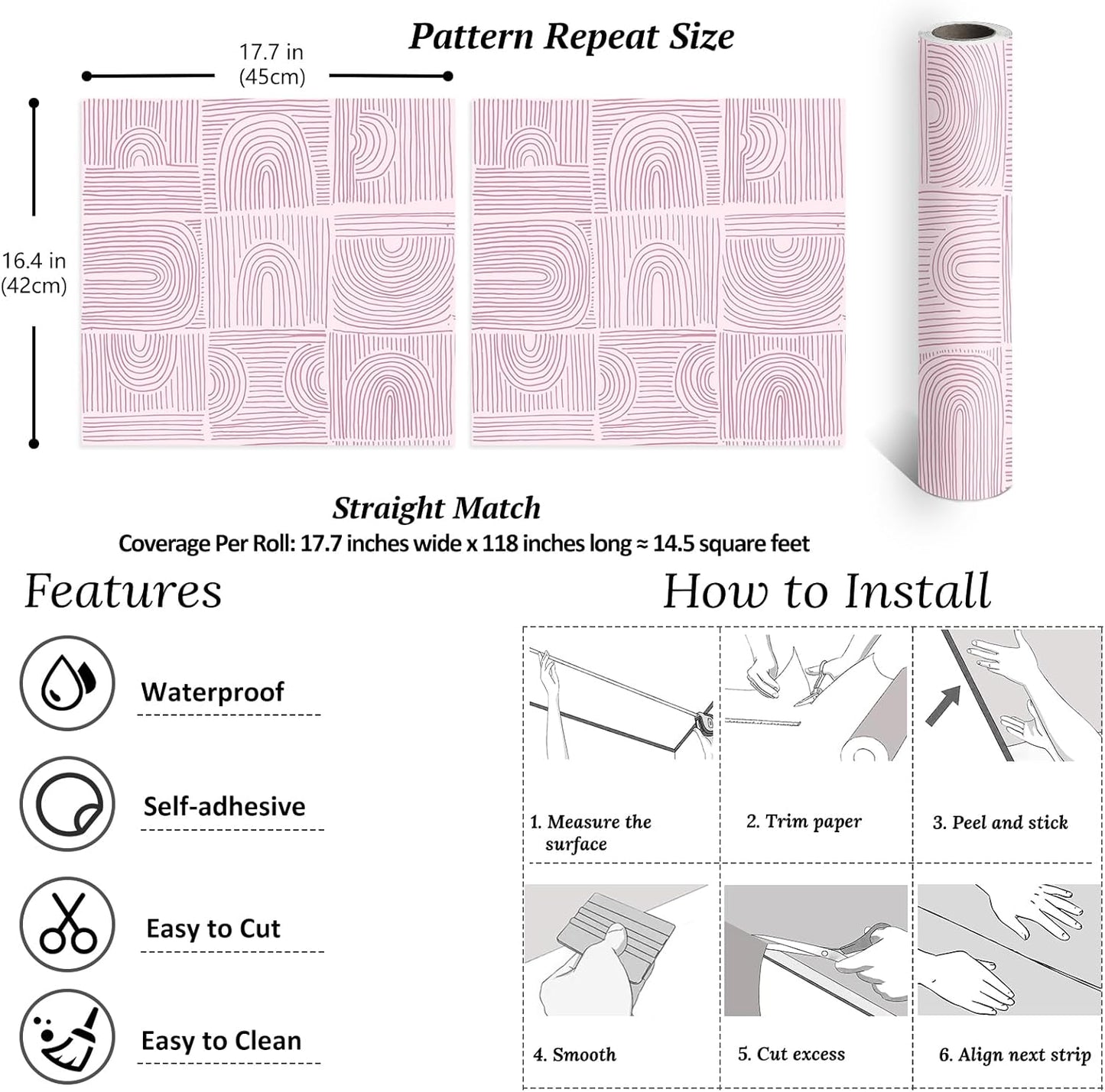 VEELIKE Pink Geometric Peel and Stick Wallpaper Boho Geometric Wallpaper for Bathroom Bedroom 17.7''x118'' Abstract Art Deco Wallpaper Removable Prepasted Pink Contact Paper for Cabinets Drawers