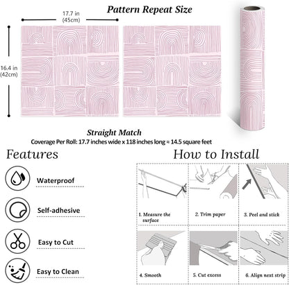 VEELIKE Pink Geometric Peel and Stick Wallpaper Boho Geometric Wallpaper for Bathroom Bedroom 17.7''x118'' Abstract Art Deco Wallpaper Removable Prepasted Pink Contact Paper for Cabinets Drawers