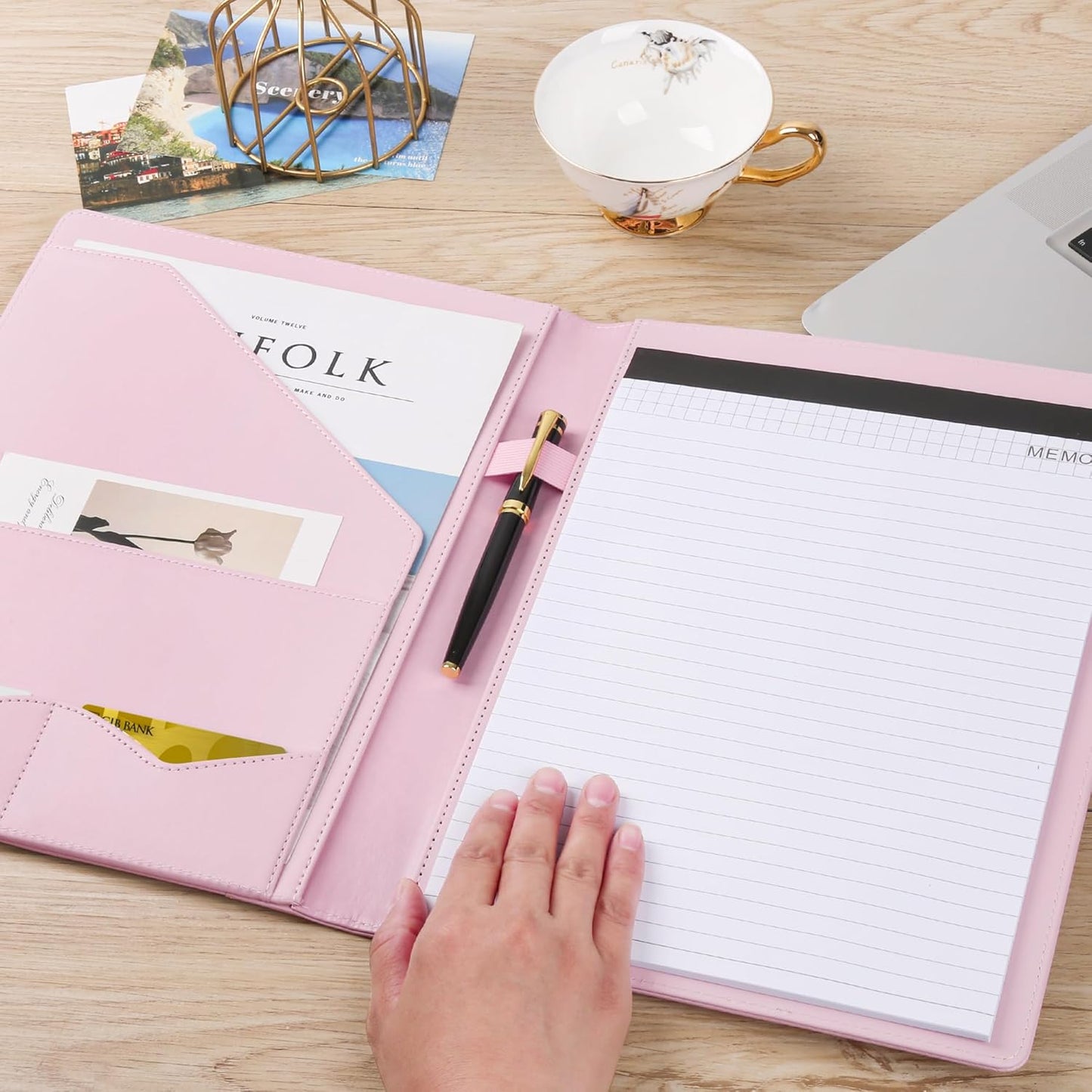 Pacific Mailer Padfolio Portfolio Leather Binder, Interview Legal Document Organizer, Business Card Holder Included Letter Sized Writing Pad [Pink, Piano Noir Faux Leather Matte Finish]