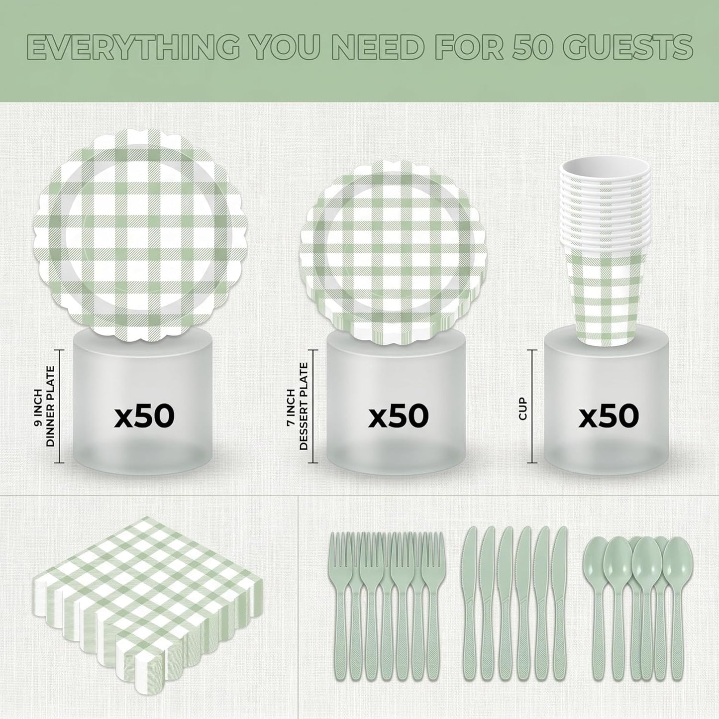 350 PCS Sage Green Gingham Party Supplies,Pink Gingham Birthday Party Set with 9" & 7" Gingham Plates, Napkins, Forks, Knives, Spoons,Perfect for Baby Shower Decorations,Wedding, Outdoor Picnic