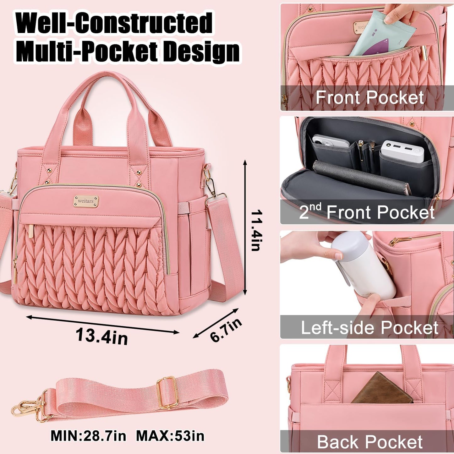 Weitars Insulated Lunch Bag for Women,Leak Proof Lunch Box for Work,Extra Large Lunch Tote Bag With Removable Shoulder Strap with Side Pockets,Reusable Lunch Bag For Picnic Hiking (Pink-02)