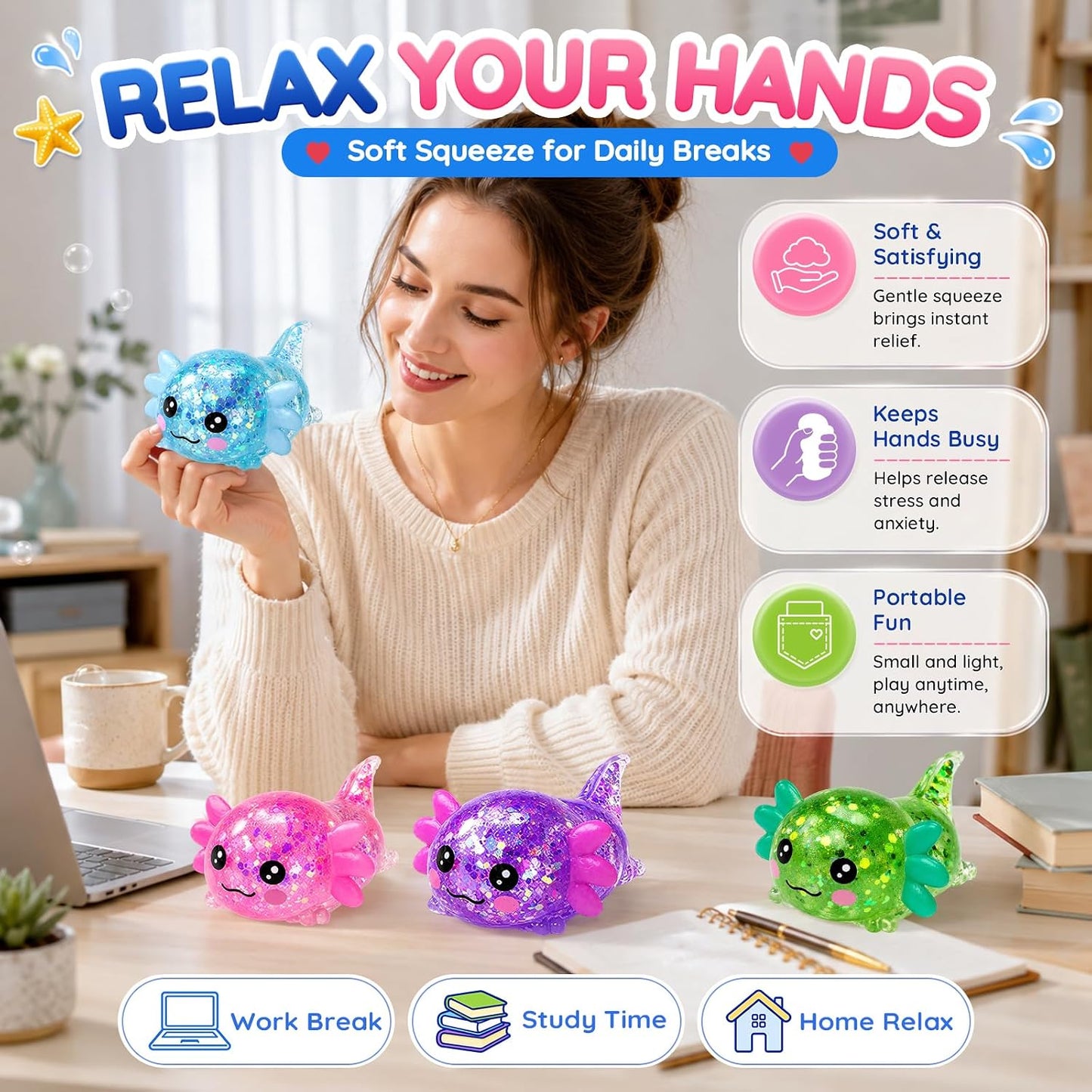 Axolotl Squishy Stress Ball,Soft Slow Rising Stress Relief Toy,Cute Slow Rising Fidget Toy for Stress Relief,Anxiety Sensory Gifts for Birthday Party Favors(Pink)