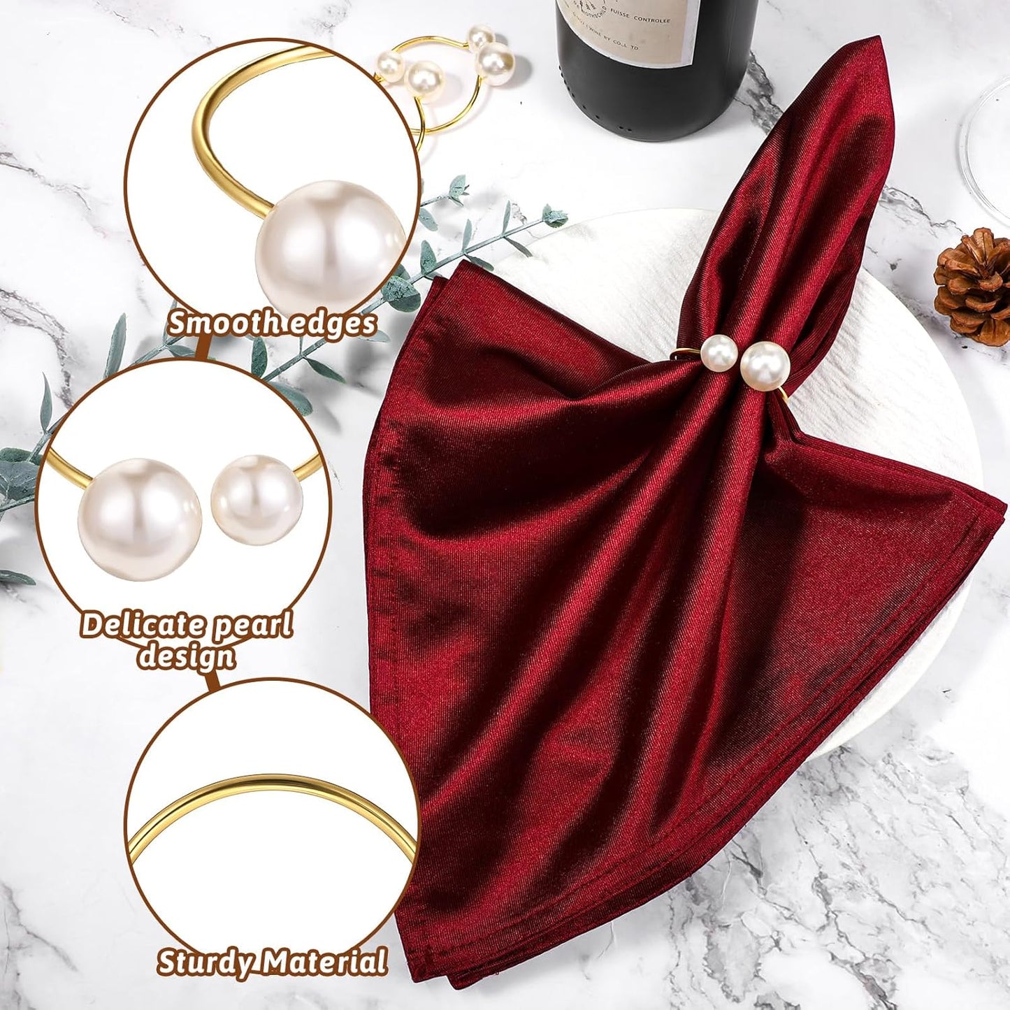 Set of 42 Pearl Napkin Rings, Gold Napkin Ring Holders with Faux Pearls Scratch-Resistant Serviette Ring Buckle for Wedding Christmas Holiday Party Dinning Table Setting Supplies