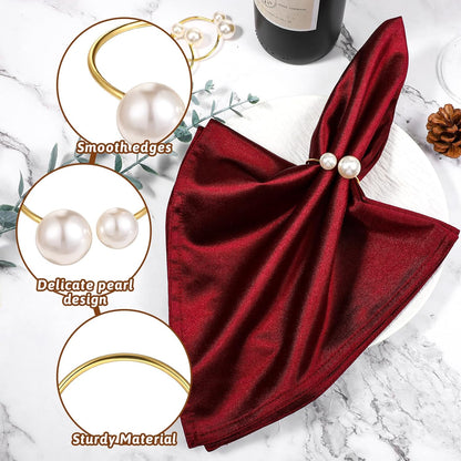 Set of 42 Pearl Napkin Rings, Gold Napkin Ring Holders with Faux Pearls Scratch-Resistant Serviette Ring Buckle for Wedding Christmas Holiday Party Dinning Table Setting Supplies