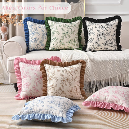 Yinhua Floral Linen Throw Pillow Covers 18x18 Inches Set of 2, Farmhouse Decorative Couch Pillow Covers with Ruffle, French Country Throw Pillowcases Soft Cushion Covers for Sofa Bed Living Room, Pink