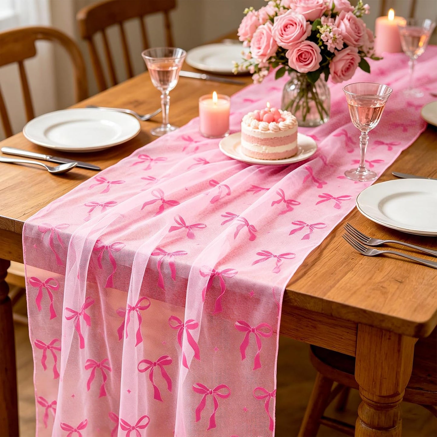 FYSUIMU Pink Bow Gauze Table Runner Coquette Bowknot Decorative Tulle Table Runner Sheer Fabric for Wedding Engagement Bridal Shower Party Coffee Tables Kitchen, 28 x 120 Inch