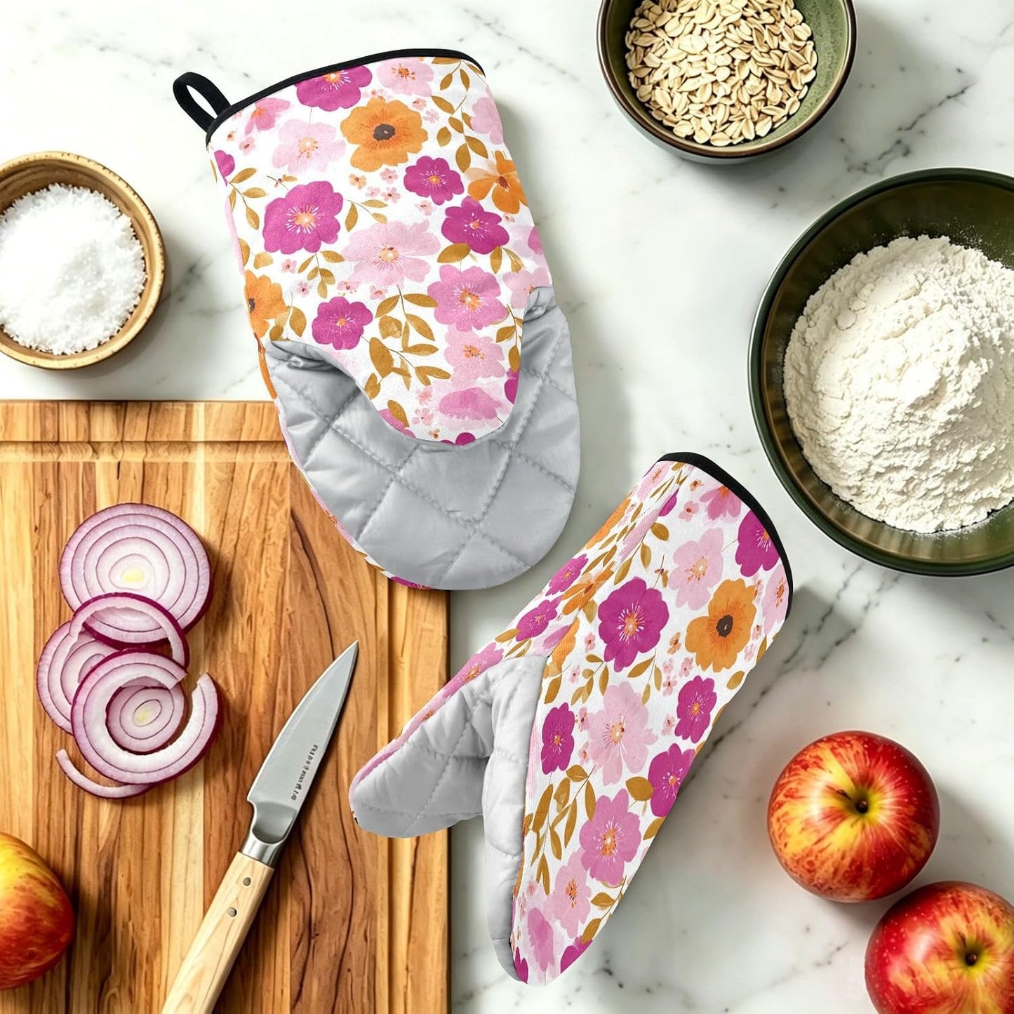 Oven Mitt 2 Pack Set Blossom Pink Flowers Kitchen Mitts Gloves for for Cooking Baking Grilling