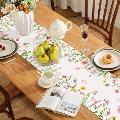 Bonhause Spring Floral Table Runner 13x72 Inch Pink Flowers Plants Leaves Butterflies Seasonal Summer Kitchen Dining Table Decoration for Indoor Outdoor Home Party Decor