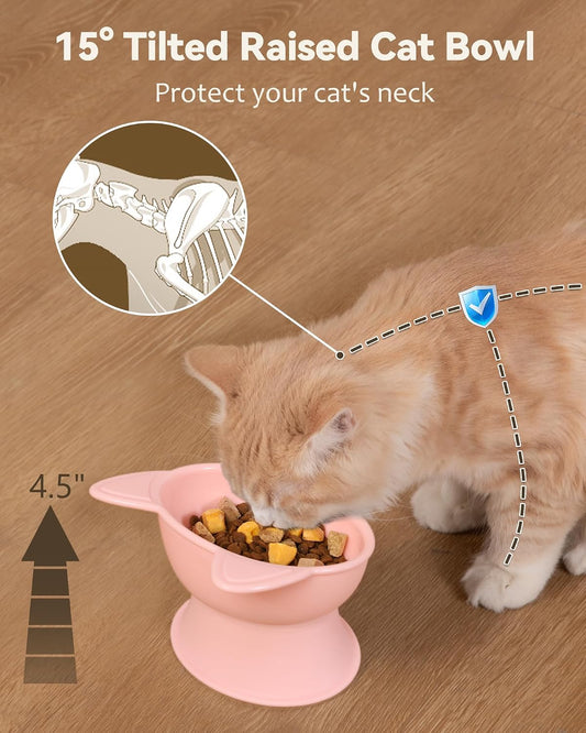 MateeyLife Raised Cat Bowls, Cat Food Bowl Elevated for Kittens & Small Dogs, 15°Tilted Protect Pets' Neck and Anti Vomiting, Whisker Friendly Food & Water Feeding Bowl, 6 oz Each - Pink